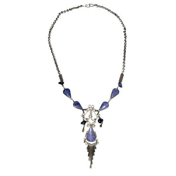 Vintage Artisan Blue Sodalite Teardrop Silvertone Dangle Statement Necklace